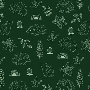 Midnight spring garden adorable boho hedgehogs leaves and sunset kids design delicate freehand outline pattern mint on pine green
