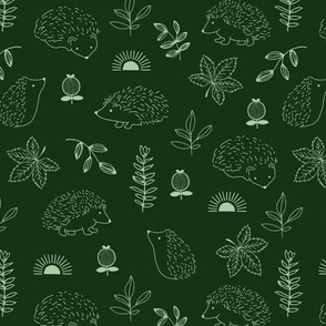 Midnight spring garden adorable boho hedgehogs leaves and sunset kids design delicate freehand outline pattern mint on forest green