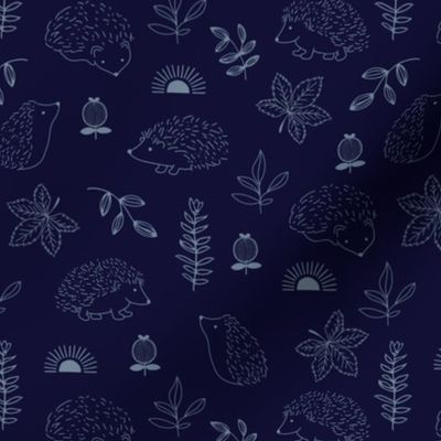 Midnight spring garden adorable boho hedgehogs leaves and sunset kids design delicate freehand outline pattern soft blue on navy