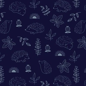 Midnight spring garden adorable boho hedgehogs leaves and sunset kids design delicate freehand outline pattern soft blue on navy
