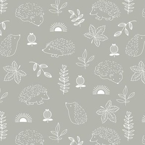 Midnight spring garden adorable boho hedgehogs leaves and sunset kids design delicate freehand outline pattern soft gray sand