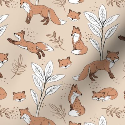 Curious fox autumn garden and leaves woodland animals kids design orange white on warm beige