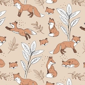 Curious fox autumn garden and leaves woodland animals kids design orange white on warm beige