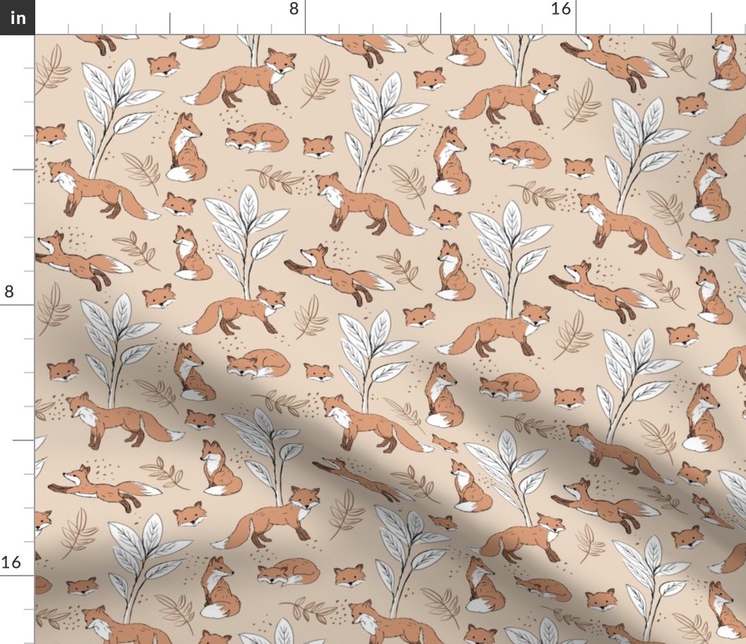 Curious fox autumn garden and leaves woodland animals kids design orange white on warm beige