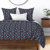 Curious fox autumn garden and leaves woodland animals kids design orange aqua golden caramel on navy blue night