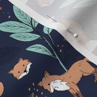 Curious fox autumn garden and leaves woodland animals kids design orange aqua golden caramel on navy blue night