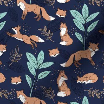 Curious fox autumn garden and leaves woodland animals kids design orange aqua golden caramel on navy blue night