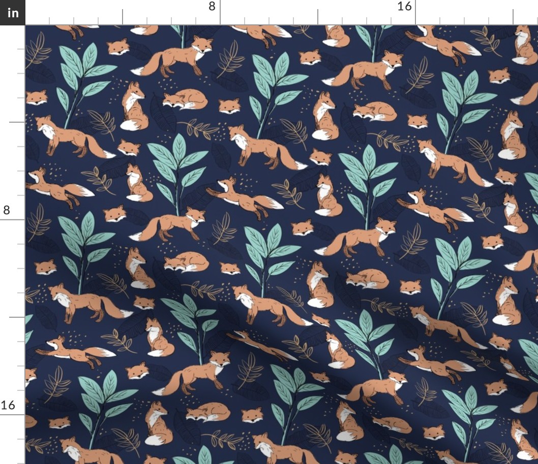 Curious fox autumn garden and leaves woodland animals kids design orange aqua golden caramel on navy blue night