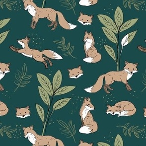 Curious fox autumn garden and leaves woodland animals kids design soft beige sage green on forest emerald neutral 