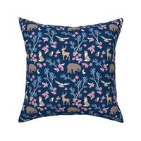 Lush leaves and blossom woodland animals fox deer bear bunny and owl friends brown beige pink on navy blue