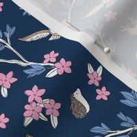Lush leaves and blossom woodland animals fox deer bear bunny and owl friends brown beige pink on navy blue