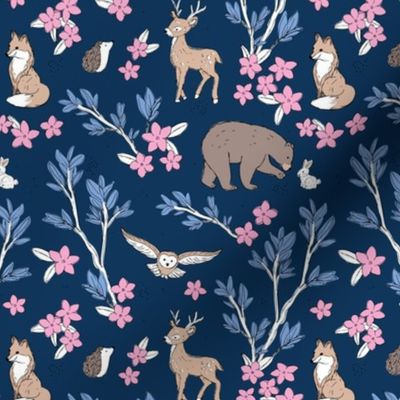 Lush leaves and blossom woodland animals fox deer bear bunny and owl friends brown beige pink on navy blue