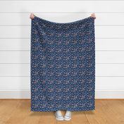 Lush leaves and blossom woodland animals fox deer bear bunny and owl friends brown beige pink on navy blue