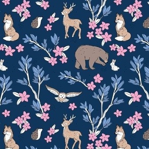 Lush leaves and blossom woodland animals fox deer bear bunny and owl friends brown beige pink on navy blue
