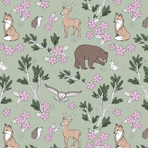 Lush leaves and blossom woodland animals fox deer bear bunny and owl friends beige sand pink on mint green 