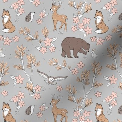 Lush leaves and blossom woodland animals fox deer bear bunny and owl friends caramel brown soft blush mustard on gray 