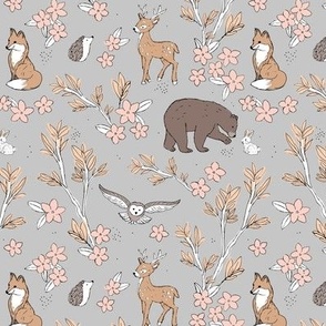 Lush leaves and blossom woodland animals fox deer bear bunny and owl friends caramel brown soft blush mustard on gray 