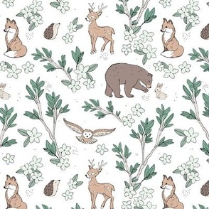 Lush leaves and blossom woodland animals fox deer bear bunny and owl friends neutral brown sand green on white 