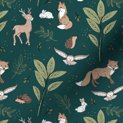 Woodland animals autumn garden deer foxes bunnies hedgehogs and owls sage green on pine 