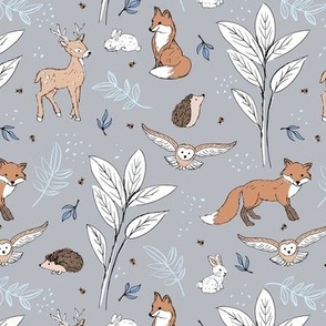 Woodland animals autumn garden deer foxes bunnies hedgehogs and owls beige caramel gray blue 