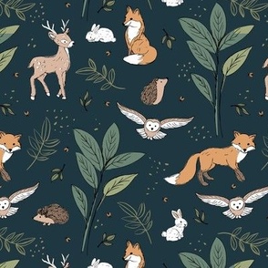 Woodland animals autumn garden deer foxes bunnies hedgehogs and owls sage orange beige brown green on midnight blue 