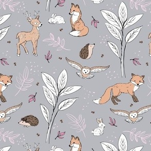 Woodland animals autumn garden deer foxes bunnies hedgehogs and owls sage orange beige white pink on gray