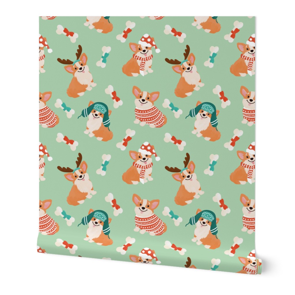 Christmas corgi dogs on mint green