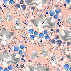 Cozy Cat and Careful Mice -blue and white on salmon