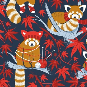Large jumbo scale // Red panda blending with the foliage // navy background desert sun brown cozy animals fog blue tree branches red acer leaves