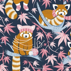 Large jumbo scale // Red panda blending with the foliage // navy background desert sun brown cozy animals fog blue tree branches cotton candy and carissma pink acer leaves