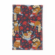 Red panda blending with the foliage // normal scale // navy background desert sun brown cozy animals fog blue tree branches red acer leaves