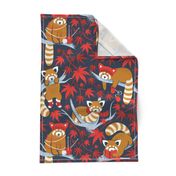 Red panda blending with the foliage // normal scale // navy background desert sun brown cozy animals fog blue tree branches red acer leaves