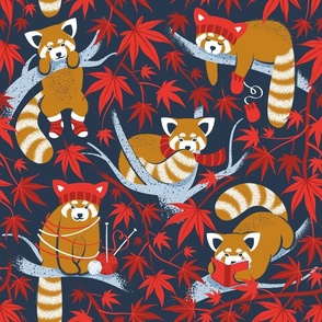 Red panda blending with the foliage // normal scale // navy background desert sun brown cozy animals fog blue tree branches red acer leaves