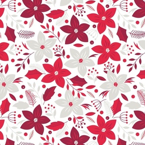 Christmas Red and Pale Silver Jumbo Poinsettias and Holly Repeat on Snow White