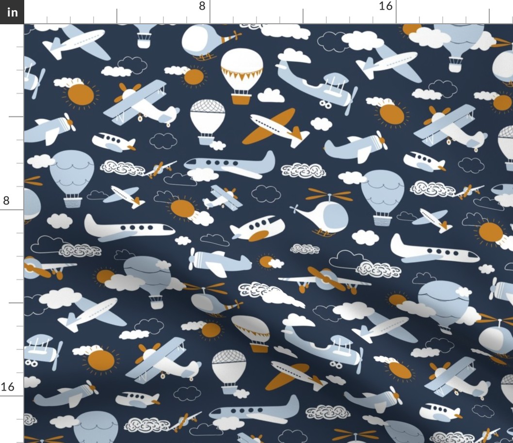 Sky Travel Planes Helicopters Air Balloons On Dark Navy Blue