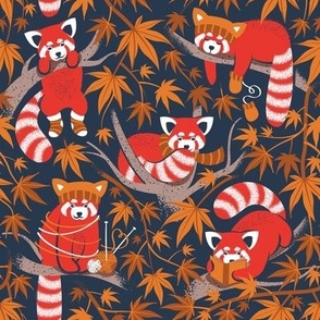Small scale // Red panda blending with the foliage // navy background red cozy animals fog brown taupe tree branches orange acer leaves