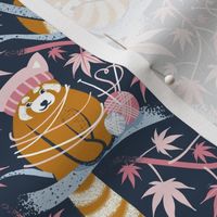 Small scale // Red panda blending with the foliage // navy background desert sun brown cozy animals fog blue tree branches cotton candy and carissma pink acer leaves
