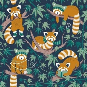 Small scale // Red panda blending with the foliage // navy background desert sun brown cozy animals fog brown taupe tree branches pine and jade green acer leaves