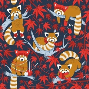 Small scale // Red panda blending with the foliage // navy background desert sun brown cozy animals fog blue tree branches red acer leaves