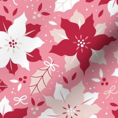 Christmas Red ,Champagne and White Jumbo Poinsettias Repeat on Bright Pink Background