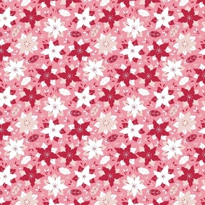 Christmas Red and Pale Champagne Small Poinsettias and Holly Repeat on Bright Pink Background