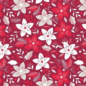 Christmas Red and Pale Silver Jumbo Poinsettias and Mistletoe Repeat on Deep Cranberry Background