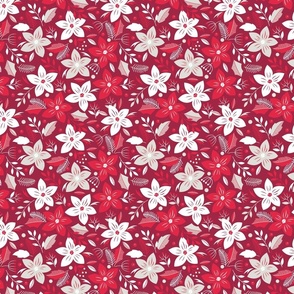 Christmas Red and Pale Silver Small Poinsettias and Mistletoe Repeat on Deep Cranberry Background