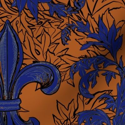 Blue Acanthus Fleur de Lis on Burnt Orange Background