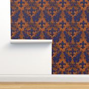 Blue Acanthus Fleur de Lis on Burnt Orange Background