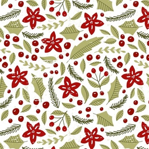 Poinsettias and Bay Laurel and Evergreen Sprigs and Holly Leaves Jumbo Pattern on White