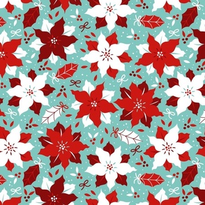 Christmas Red and White Poinsettias Jumbo Repeat on Mint Green Background