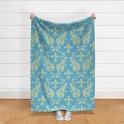 Cream Acanthus Fleur de Lis on Aqua Background