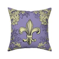 Cream Acanthus Fleur de Lis on Purple Background with black line