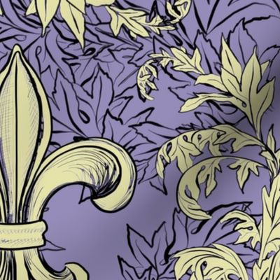 Cream Acanthus Fleur de Lis on Purple Background with black line
